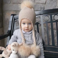 Winter Baby Beanie Hat Children Earflap Cap Kids 3 Pompom Fur Wool Hat Natural Real Fur Pom Pom Hat For Girls Boys 4