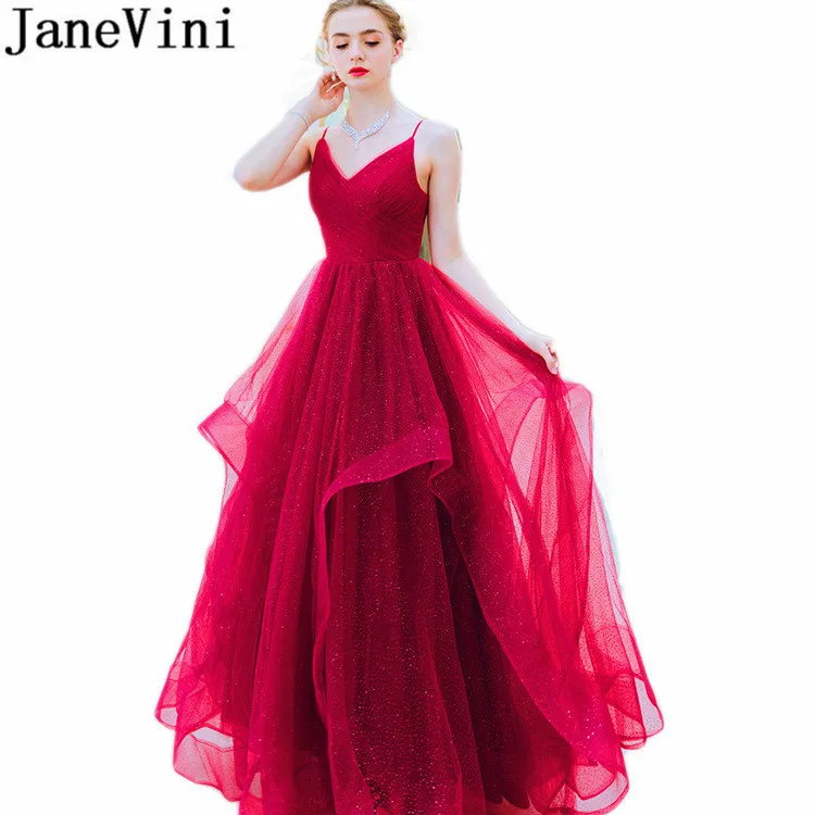 JaneVini Blingbling блестящие Выпускные платья Burgundy длинные Тюль v-образным вырезом линии женские платья для торжественных событий выпускного вечера