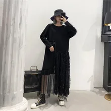 Платье большого размера, платье с длинными рукавами, весна и осень, стиль, свободный крой, газовое соединение, асимметричная юбка