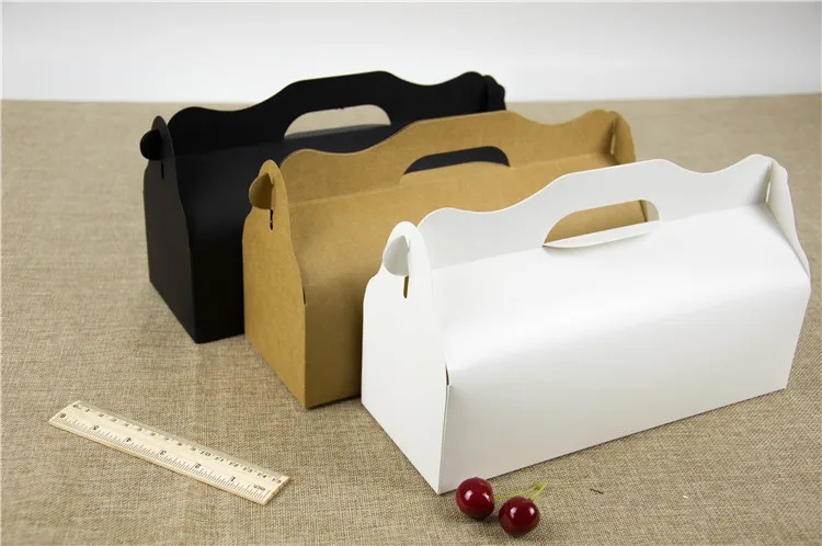 

27.5x10.5x7.5cm Long Cake Packing Box White Kraft Gift Boxes Black Cardboard Cupcake Boxes Baking Present Box with Handle 15 Pcs