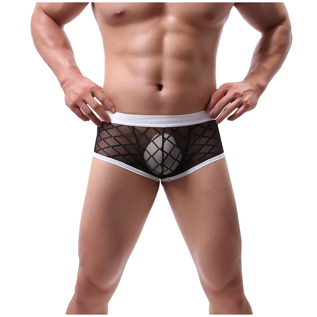 Men lingerie New High-Profile Low-Waist Sexy Underwear Rhombus Solid color Mesh Perspective boxer underpants секс sexoshop