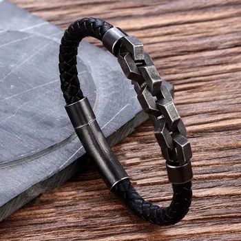 

Punk Brushed Bike Chain Leather Bracelet Oxidized Dark Bicycle Chain Men Bracelet Fashion Male 316L Stainless Steel Hand Chain