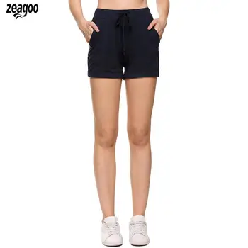 

Women Summer Short Pants Mid-waisted Elastic Roll Hem Solid Casual Adjustable Bandage Sports Shorts with Pockets