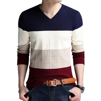 TFETTERS Brand-sweater Autumn Men's Long Sleeve T-shirt New V-neck Slim Sweaters Knitted Striped Bottom Shirt Large Size M-4XL
