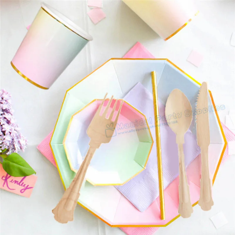 16 Sets Pastel Ombre Foil Gold Party Canape Plate Dessert Dishes Paper Cups Napkin Straws