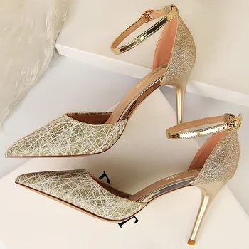 

2020 Summer Strap Sexy Women 8.5cm High Heels Sandals Wedding Prom Stripper Shoes Glitter Sequins Scarpins Stiletto Fetish Pumps