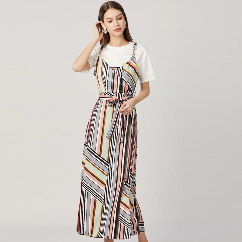 Новое Женский комплект 2 шт. Полосатое платье без бретелек с принтом Vestidos Verano белая футболка с короткими рукавами платье из двух предметов K6296