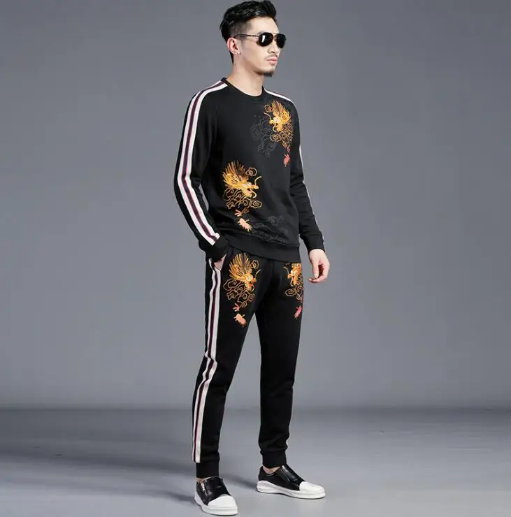 

Chinese style Men Two Pieces Set Fashion Embroidery Sportswear Men's Tracksuit Set Autumn Male Clothes Pants Sets Plus Size 6XL
