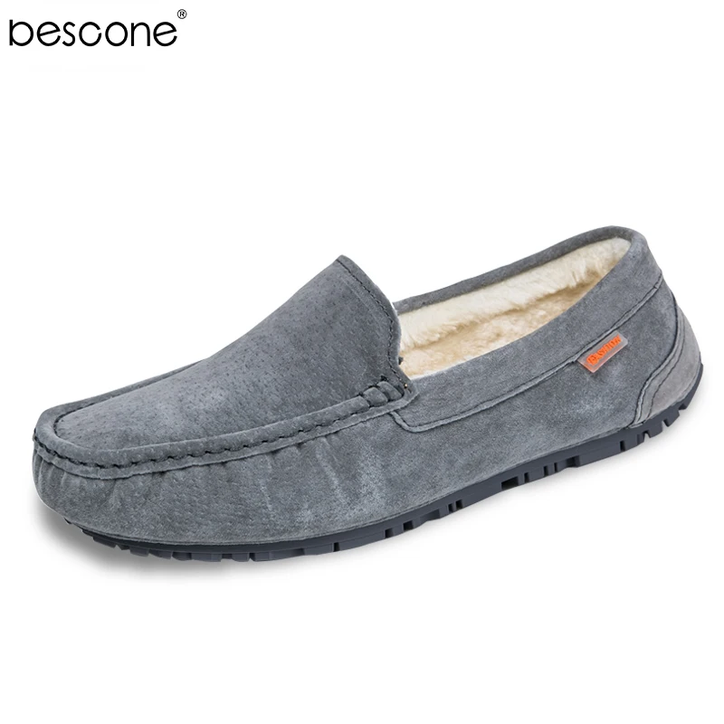

BESCONE Men's Footwear Loafer Flats Slip On Genuine Leather Comfortable Warm Fur Plush Lazy Driving Shoes for male MT-501-3