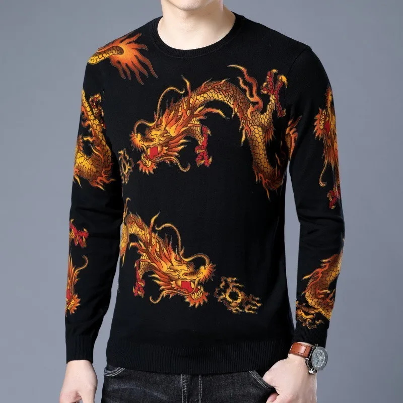 Black Дракон печати Trui Erkek Kazak Sueter Hombre животное Gedrukt Trui Мужская мода Trui Slim Fit Pull Homme Chompas Hombre - Цвет: Black
