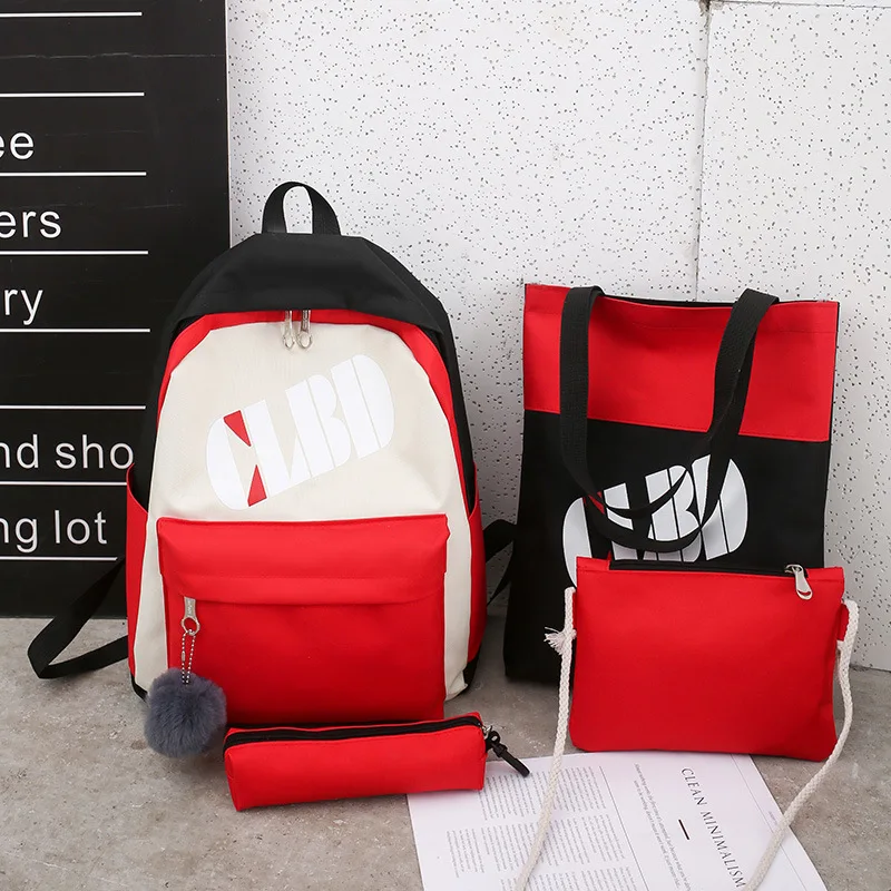 

College Style Campus Canvas Backpack School Bag Women's (Four-piece Set) Teenager Primary School Junior High School Student Back