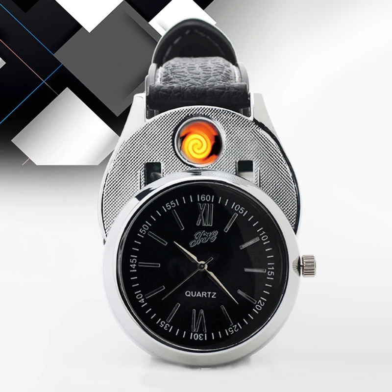 

2020 Men Watches Fashion Rechargeable USB Lighter Watches Men Windproof Flameless Cigarette Lighter Quartz Watches horloge heren