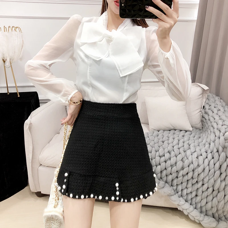 Preise Runway Tweed Frauen 3 Stück Set Neue Herbst Winter Sicken Wollen Mantel Kurz Mantel + Mesh Weiß Bogen Shirt + mini Meerjungfrau Rock Set