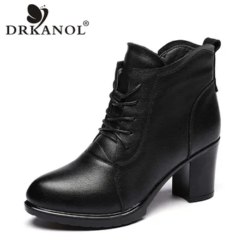 

DRKANOL 2019 Autumn Winter Boots Genuine Leather High Heel Women Ankle Boots Sexy Pointed Toe Side Zipper Thick Heel Women Boots