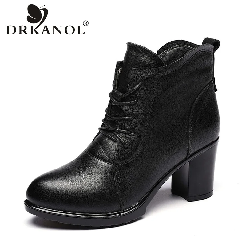 Tanie DRKANOL 2019 jesień zima buty z prawdziwej skóry wysokiej obcas kobiet kostki buty Sexy Pointed Toe z boku na zamek błyskawiczny gruby obcas kobiet buty