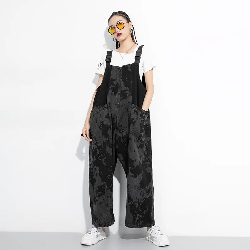 

2020 Summer Jumpsuit Women Plus Size Stylish Romper Woven Bib Pants Washed Vintage Print Casual Overalls with Adjustable Straps