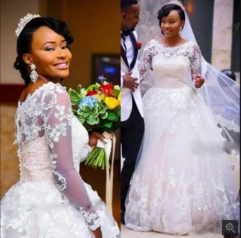

2020 Saudi Arabia Illusion a line Long Sleeves Wedding Dresses Back Covered Button Lace appliques Puffy Plus Size Bridal Gowns