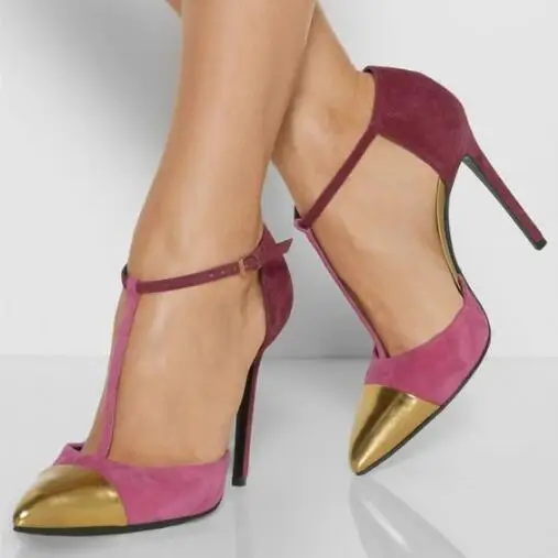 as picture Hot Selling Gold Pointed Toe T Strap Heels Pump Shoes Women Ankle Strap Patchwork High Heel Dress Shoes Cut-out Fashion Pumps - Color: as picture