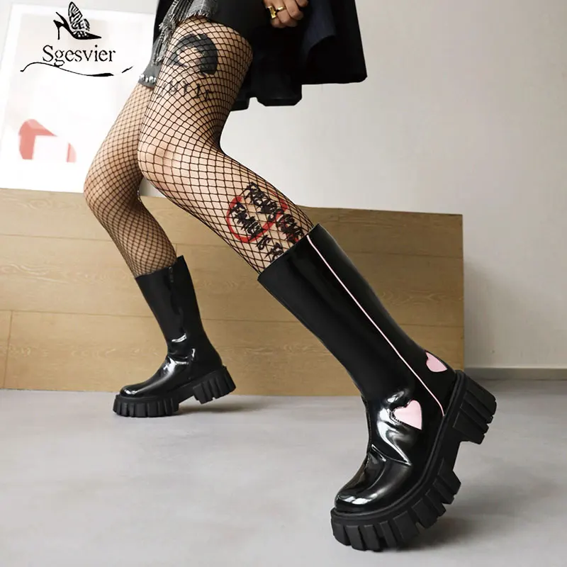 

Sgesvier New Fashion Platform Chunky Block High Heels Love Heart Women Mid Calf Boots Fashion Party Designer Casual Ladies Shoes