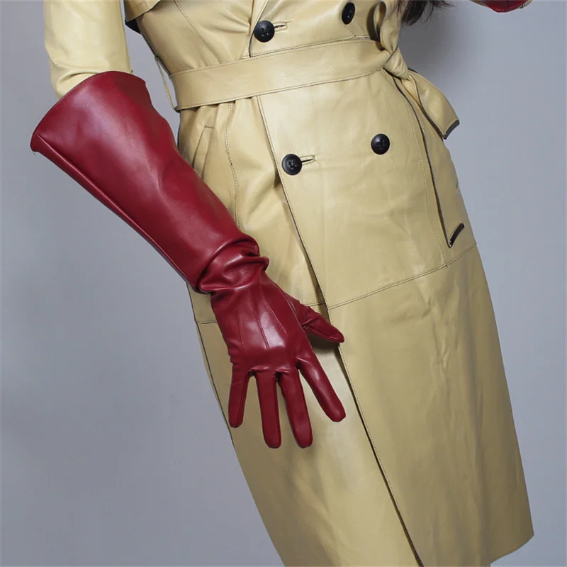 Модные ультра-короткие кожаные перчатки длиной 13 см, имитация кожи, искусственная-овчина, искусственная кожа, темно-красное вино, малиновый цвет, 3-PUSH13 - Цвет: Big sleeve 50cm