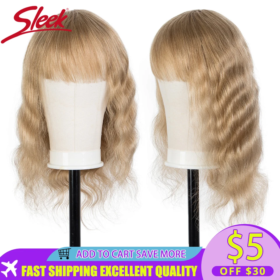 Sleek Blonde Human Hair Wigs For Women Body Wave Wigs With Bangs Blue Colored Remy Brazilian Hair Wigs Short Pixie Cut  Wigs