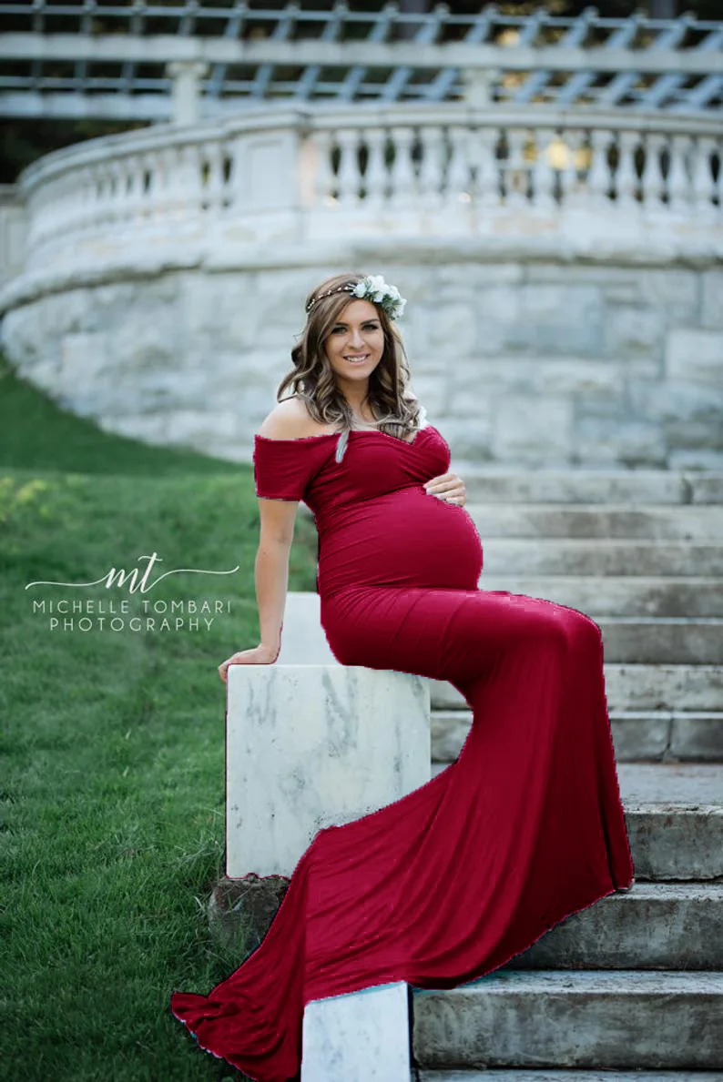 Elegence Shoulderless Maternity Shoot Dress Cute Pregnancy Photography Dress For Baby Shower Pregnant Women Maxi Gown Photo Prop (6)