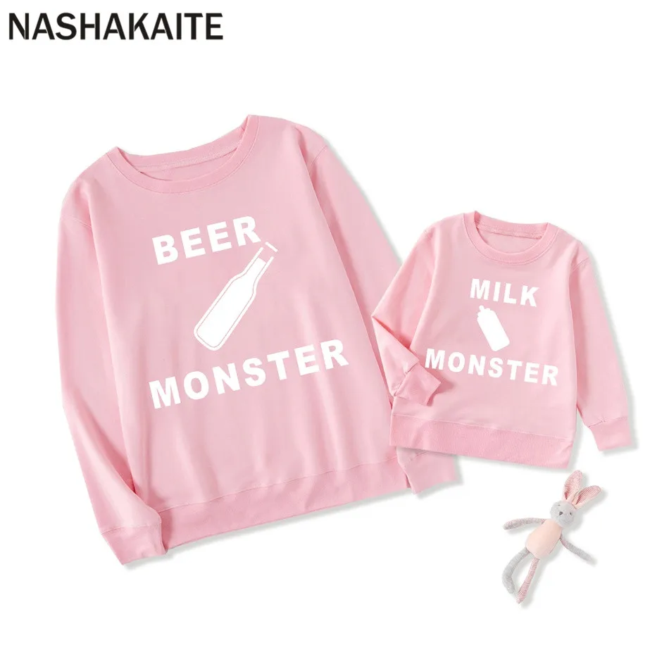 Pink NASHAKAITE/Одежда для папы и меня; пуловер с круглым вырезом; свитер с принтом «молоко и пиво» для папы, сына и дочки; одинаковые комплекты для семьи - Цвет: Pink