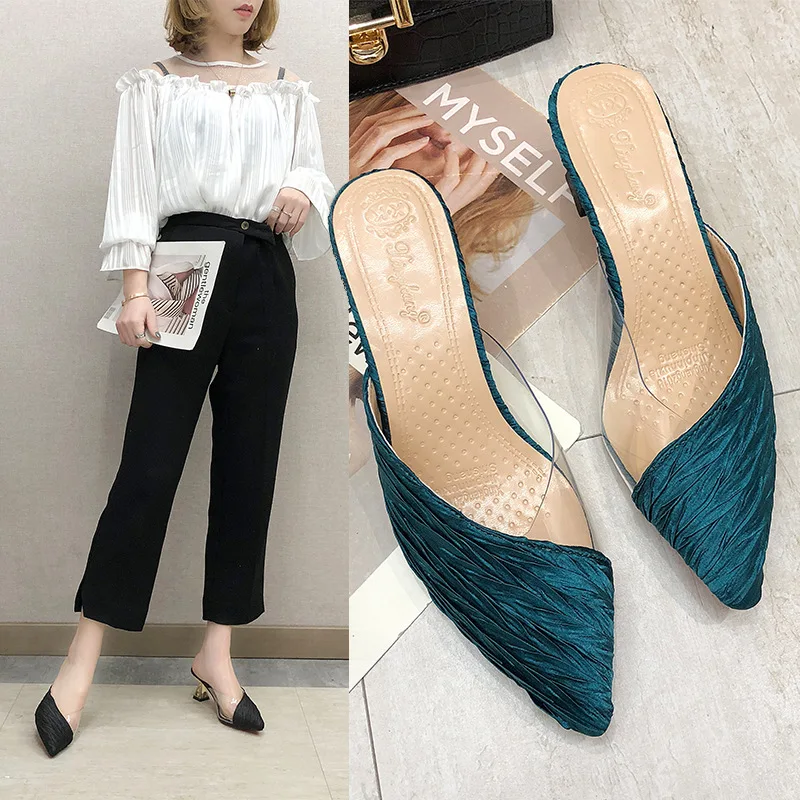 

2019 Spring And Summer New Style WOMEN'S Slippers Closed-toe ban tuo xie Women's Fashionable Chunky-Heel Semi-high Heeled Pointe