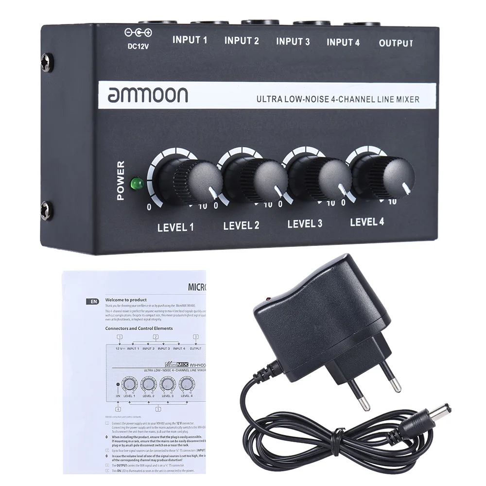 Ammoon MX400 ультра-компактный низкий уровень шума 4 канала линейный моно аудио микшер с адаптером питания