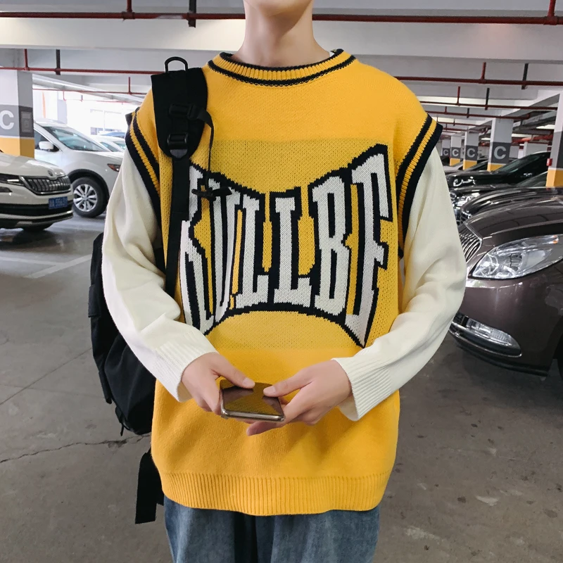 Winter Sweater Men Warm Fashion Contrast Color Letters Fake Two-piece Knit Sweater Man Wild Loose Pullover Sweter Clothes Men