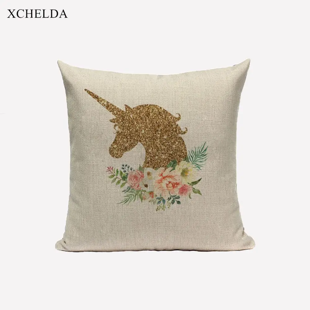 Cushion Cover With Unicorn Print Decorative Pillow Case 45*45 Cute Linen Pillowcase for Child Sofa Car Seat Home Decoration