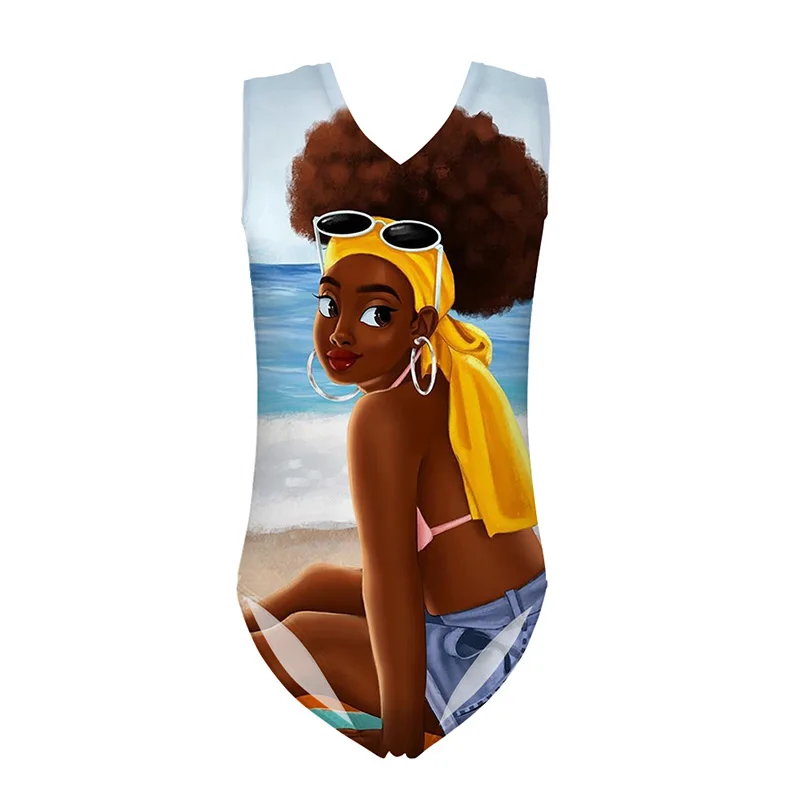 

HYCOOL Cartoon Seaside African Black Girl Pattern One Piece Swimsuit School Girls Swimwear Children Kids Bathing Swimming Suit