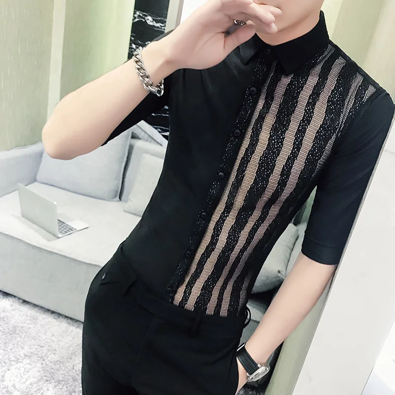 Прозрачная рубашка летняя рубашка с коротким рукавом рубашка Camisa Hombre сшивание полосатая рубашка прозрачная рубашка мужская сорочка Homme