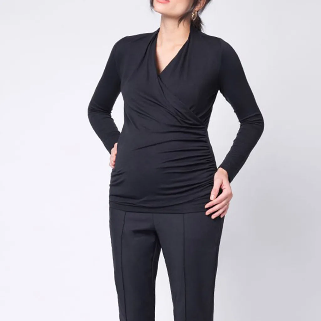 Женская одежда для беременных, футболка для кормящих, с v-образным вырезом, с оборками, однотонная блузка, топ для кормления грудью, футболка, осенняя одежда для кормления грудью
