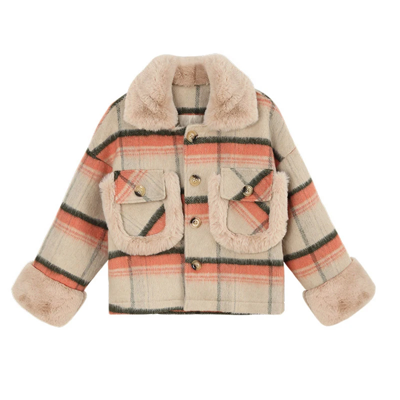 

Women's Plaid Cloak Coat Autumn and Winter New Lamb Fur Collar Loose Thickening High Joker Warm Wool Jacket