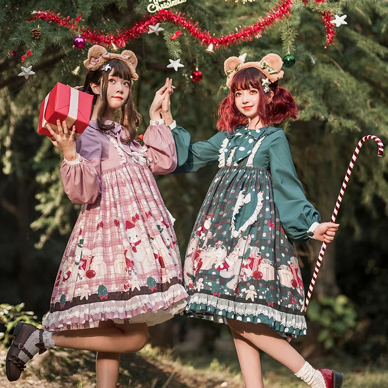 

Christmas sweet lolita dress vintage lace bowknot cute printing high waist victorian dress kawaii girl gothic lolita op loli cos