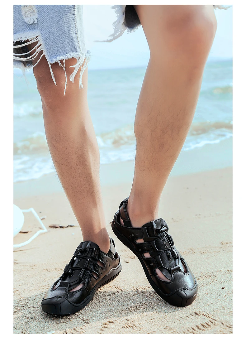 Men Leather Beach Sandals Summer Outdoor Shoes for Male Breathable Handmade Casual Footwear Slip On Walking Sandals