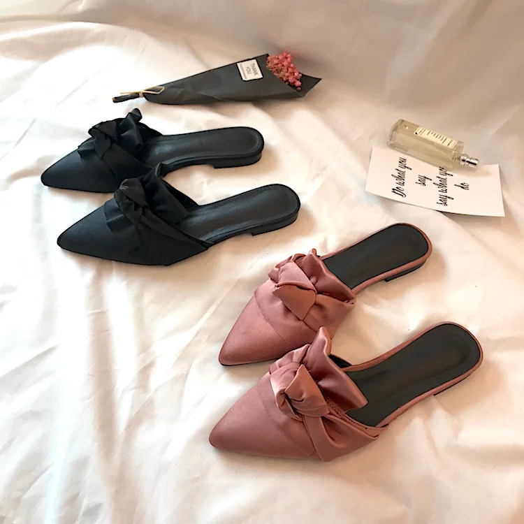 

Outside Fashion Butterfly-knot Flower Solid Women Closed Toe Slippers Low Flat With Summer Slides Solid Casual Women Shoes
