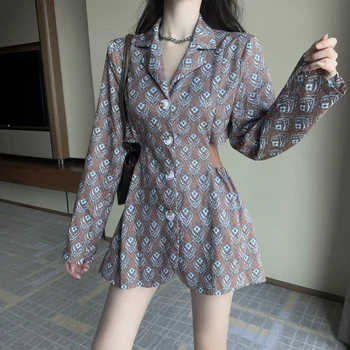 

Autumn Women Print Blazers Fashion Hollow Out Back Women Blazers Femme Print Coats