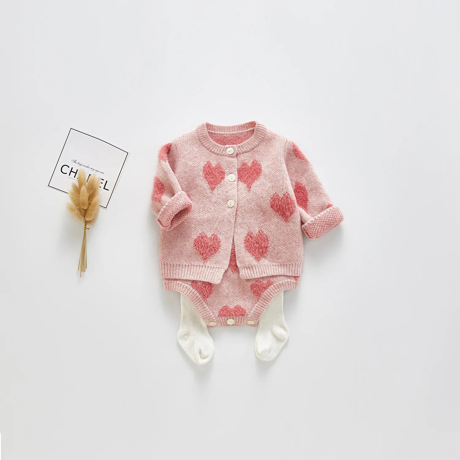 

1994 2019 Baby Suit Wool-planting Love Coat Belt Knitted Overalls Baby Girls Two-piece Set Princess Sweaters And Bodysuit 6M 9M