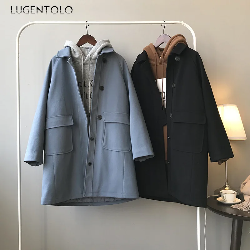 Lugentolo, Женское шерстяное осенне-зимнее пальто, корейское, свободное, однотонное, повседневное, средней длины, винтажное, с карманом, с отложным воротником, простое женское пальто