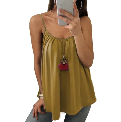 Strap Stitching Fold Multicolor Chiffon Vest Loose Sexy Small Strap Solid Color White Gray Green Black 6XL Camis tank top - Цвет: khaki