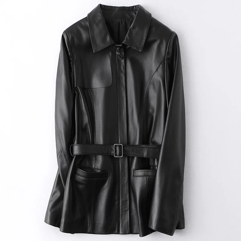 

Women's Real Leather Coats and Jackets Fashion Black Genuine Leather Jacket Women With Belt Sheepskin Coat Female Plus Size Q451