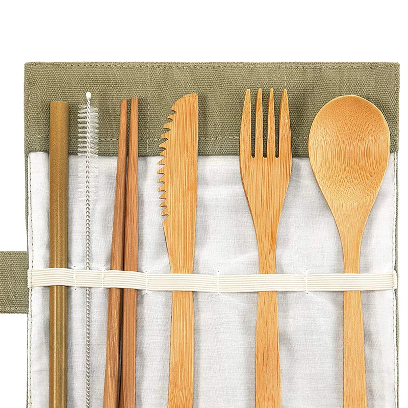 2 Set Bamboo Cutlery Flatware Set Bamboo Travel Utensils Include Reusable Knife Fork Spoon Chopsticks Straws