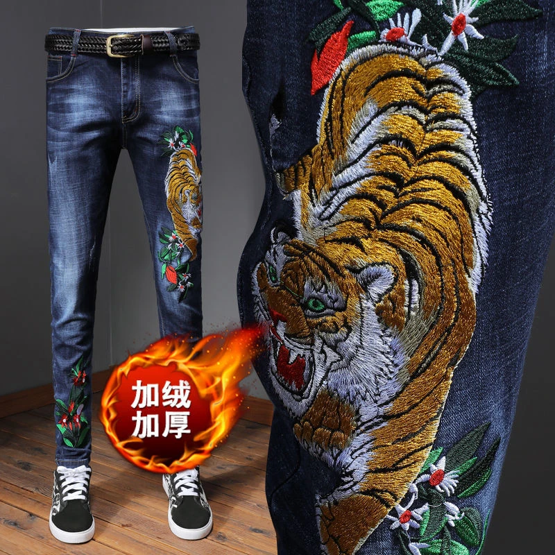 Pantalones vaqueros elásticos de invierno para hombre, pantalones ajustados bordados de animales, Tigre, serpiente, pantalones vaqueros de lana bordados |Pantalones vaqueros| AliExpress