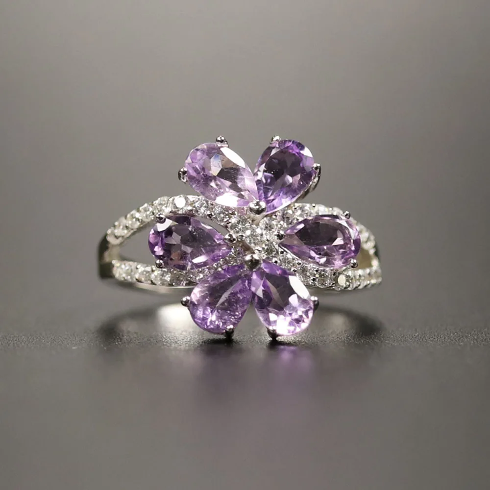 Amethyst ring natural Brazil gemstone 925 sterling silver small flower  design fine jewelry for girl nice new year gift