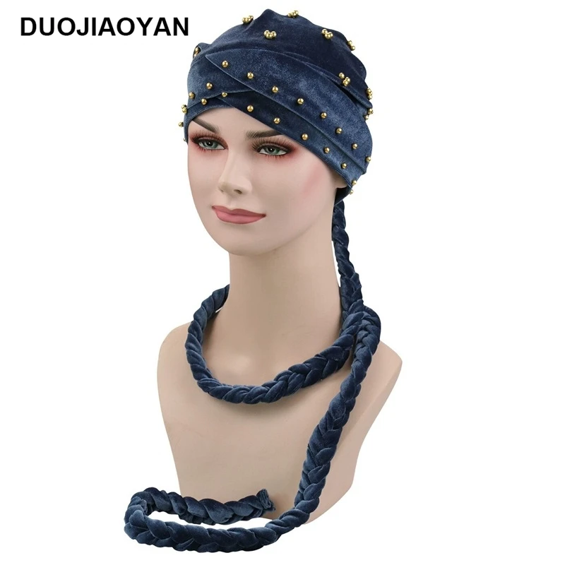 DUOJIAOYAN бархат для женщин тюрбан стиль жемчуг дамы длинный хвост банданы плетеные заклепки мусульманская зимняя шапка