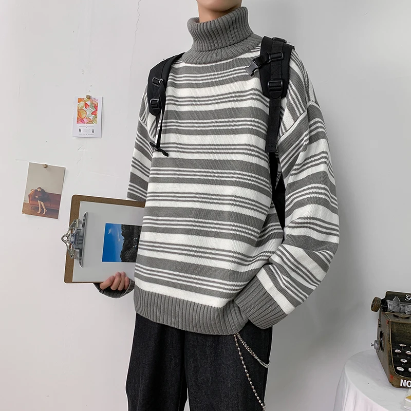 Осенний новый свитер с высоким воротником мужской модный Контрастный ЦВЕТНОЙ Повседневный вязаный пуловер Мужской уличная Универсальный