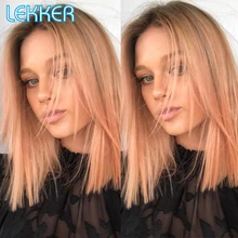

Lekker 12" Pink Blonde Straight Bob 13x1 Lace Front Human Hair Wig For Women Brazilian Remy Baby Hair Glueless Ombre Red Wigs