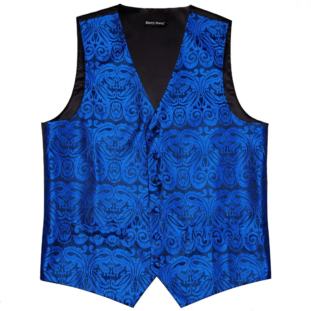 Designer Mens Roral Blue Paisley Jacquard Folral Silk Waistcoat Vests Handkerchief Tie Suit Vest Pocket Square Set Barry.Wang casual blazer for men